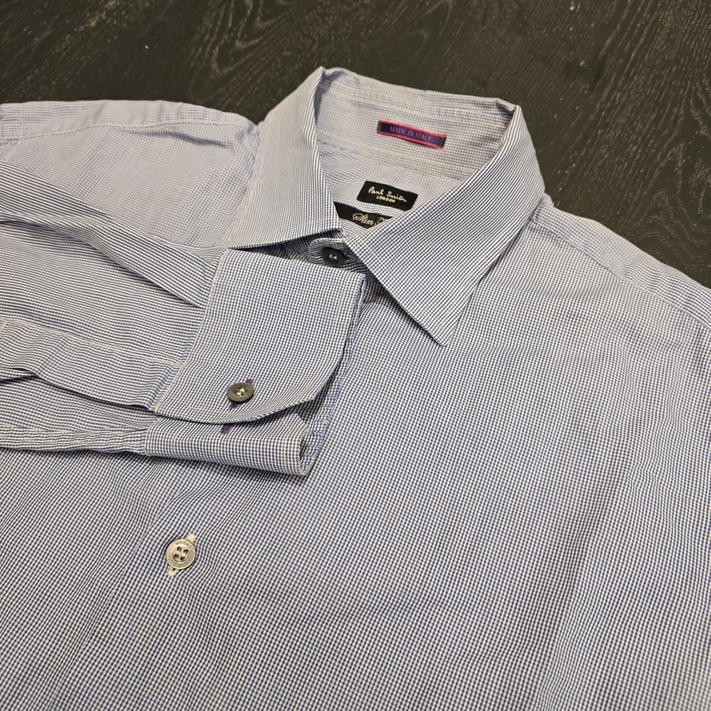 Paul Smith London Mens Slim Fit Micro Check Dress Shirt Blue White Italy 15.5 39